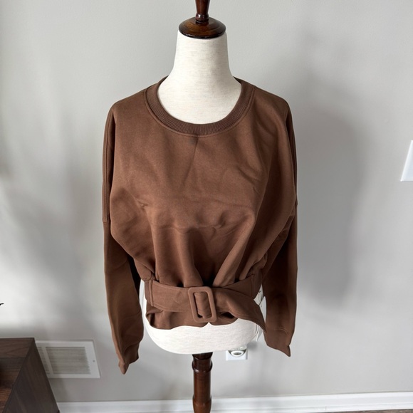 NWT! Commense Brown Belted Crew Neck Sweatshirt -  Cropped Pullover Top Casual - Picture 5 of 10